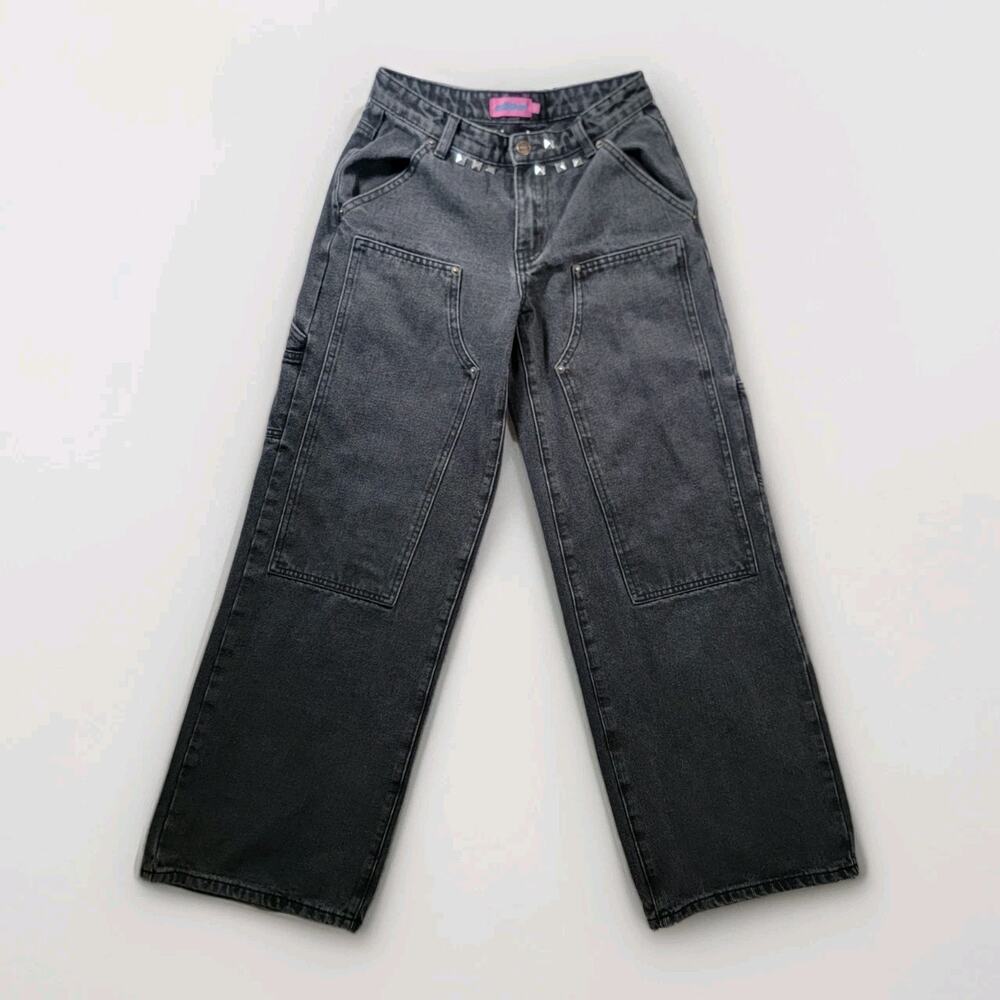 Edikted Womens XS (26x30) Wide Leg Studs Carpenter Jeans Washed Black
